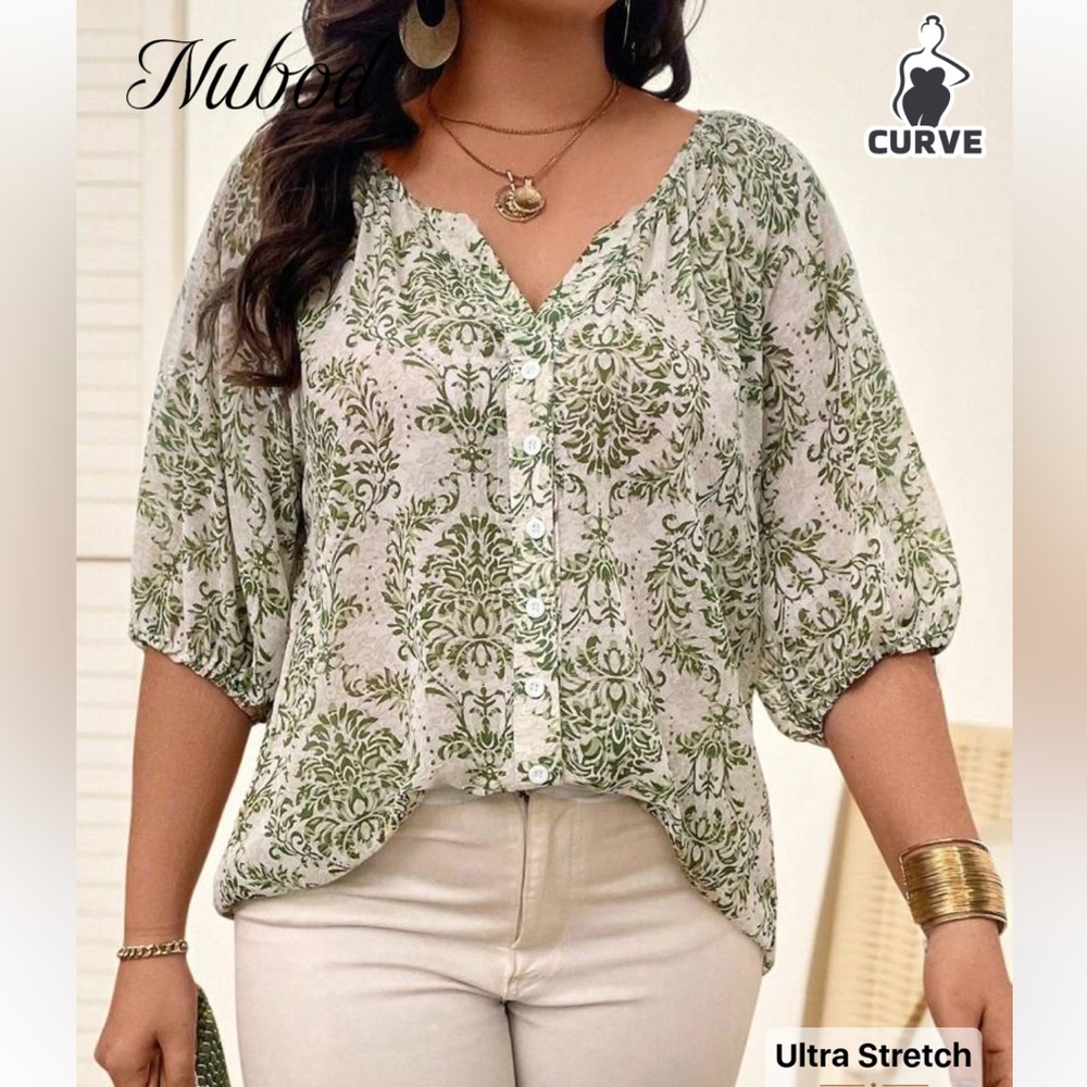 Green Floral Blouse W/Gold Accents! Like New 1XL Curve PTP 26